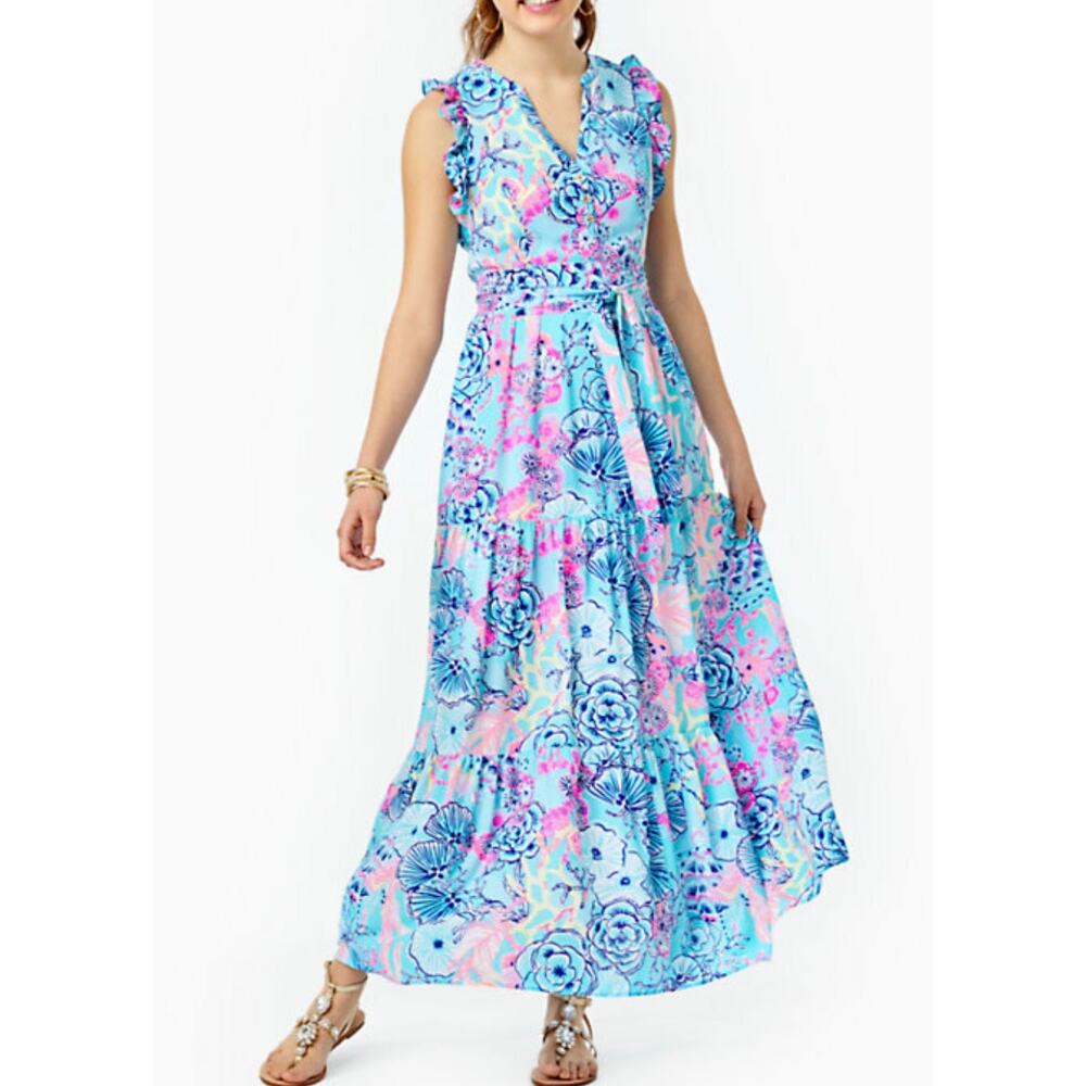 Lilly Pulitzer Blue Maxi Dress Beach Vacation Tropical Nautical - Picture 2 of 16